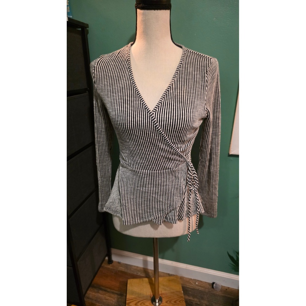 Caution to the Wind Black White Striped Wrap Peplum Long Sleeve Top Small